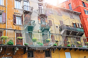 Picturesque house on the square Piazza delle Erbe, Verona, Italy