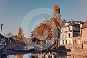 Picturesque houses along Rur River in the historic center of Strasburg, France