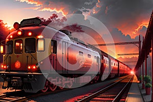 The Magnificent Long Train Approaching the Station on Rails Amidst the Spectacular Crimson Glow of the Sunset. AI generated