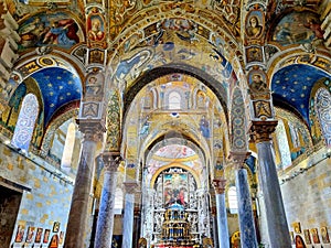 Picturesque interior of the famous La Martorana church in the Arab-Norman style on the island of Sicily, Palermo, Italy photo
