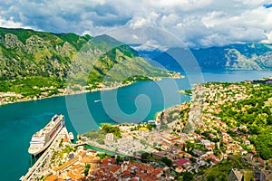 Picturesque Kotor bay with cruise ship at port Montenegro