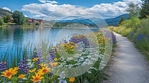 A picturesque lakeside path lined with vibrant wildflowers and offering the perfect spot for a leisurely stroll during