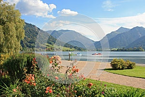 picturesque lakeside promenade with flowerbed, schliersee, germany
