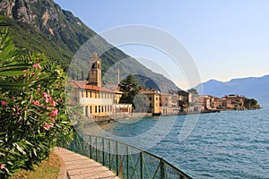 Picturesque lakeside promenade with oleander, garda lake