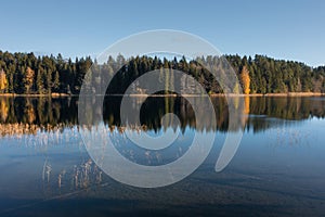 Picturesque landscape of bank of the lake Bolduk in sunny autumn day