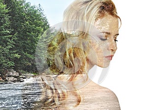 Picturesque landscape and beautiful woman on background. Double exposure