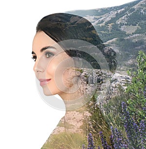 Picturesque landscape and beautiful woman on background. Double exposure