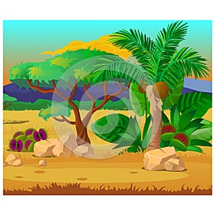 Picturesque landscape with a coconut palm tree, rocks and carnivorous plants. Sketch of a beautiful poster or placard on