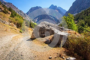 Picturesque landscape of Fann mountains in Tajikistan. Beautiful view on mountain on clear summer day