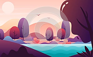 Picturesque landscape flat style vector illustration, autumn scenery backdrop.