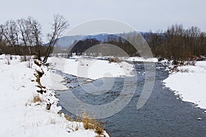 The picturesque landscape of the freezing river