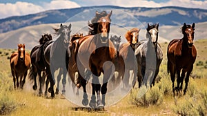 Picturesque landscape with a herd of wild mustangs