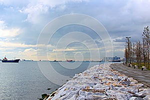 Picturesque landscape of Istanbul. Picturesque view of Marmara Sea and embankment. Merchant ships standing on the roadstead.