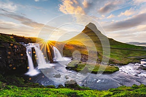 Picturesque landscape with Kirkjufellsfoss