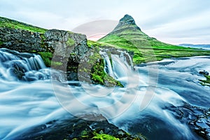 Picturesque landscape with Kirkjufellsfoss