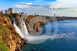 Picturesque landscape of the Lower Duden waterfall and Mediterranean Sea in the Antalya city