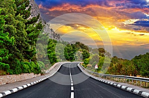 Picturesque landscape of a mountain road in the Crimean mountains on the southern coast of Crimea in Ukraine