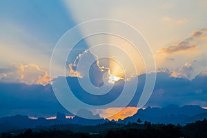 Picturesque landscape of mountains silhouette in Khao Sok tropical nature national park, Thailand