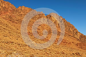 Picturesque landscape of rocky mountain peaks in winter morning. Sinai Mountain Mount Horeb, Gabal Musa, Moses Mount