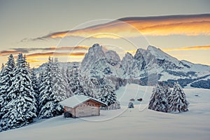 Picturesque landscape with small wooden house on meadow Alpe di Siusi