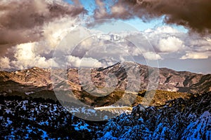 Picturesque landscape with snowy mountain and blue sky. Troodos