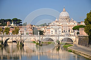 Picturesque landscape of St. Peters Basilica over Tiber in Rome, Italy