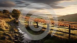 Picturesque Landscape: Sun Setting On Hillside With Stone Fence