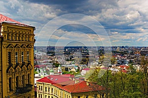 Picturesque landscape view of the roofs in ancient Podil neibhborhood. Panorama view of downtown in Kyiv