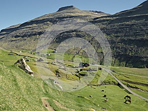 Picturesque landscape of village Saksun on Island Streymoy of the Faroe islands.