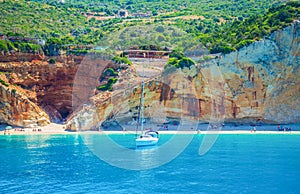 Picturesque Lefkada island coastline Porto Katsiki beach Ionian sea Greece