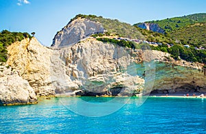 Picturesque Lefkada island coastline Porto Katsiki beach Ionian sea Greece