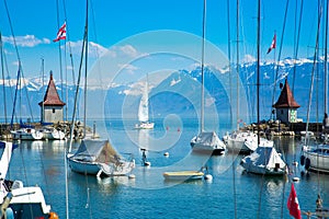 Picturesque little port and sailing boats on Lake Geneva in Morges
