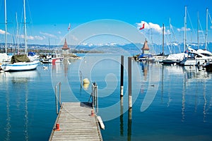 Picturesque little port and sailing boats on Lake Geneva in Morges