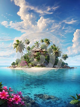 Picturesque little tropical island with cozy house in the middle of the ocean bay.