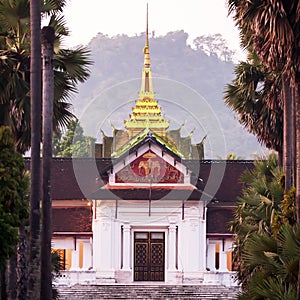 Picturesque of Luang Prabang National Museum and palm tree lined at dusk