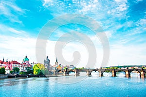 Picturesque magical beautiful landscape with Charles Bridge on the Vltava River in the old city of Prague, Czech Republic. amazing