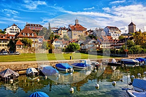 Picturesque medieval Old Town of Murten on Lake Morat, Switzerland