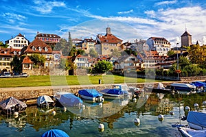 Picturesque medieval Old Town of Murten on Lake Morat, Switzerland photo