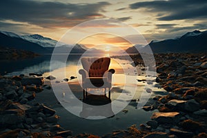 A picturesque moment chair immersed in still water, mirroring sunset and hills