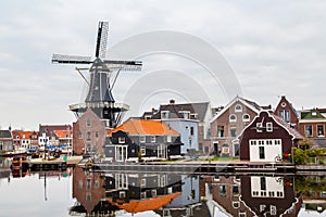 Picturesque morning landscape with the windmill, Haarlem, Holland
