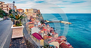 Picturesque morning view of Scilla town with Ruffo castle on background, administratively part of the Metropolitan City of Reggio