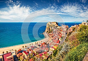 Picturesque morning view of Scilla town with Ruffo castle on background, administratively part of the Metropolitan City of Reggio