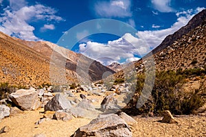 Picturesque mountain landscape with towering rocks in Cochiguaz, Valle del Elqui, Chile photo