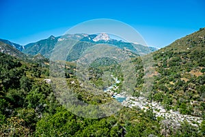 Picturesque mountain river valley and rocks in the Kings Canyon Preserve, California.