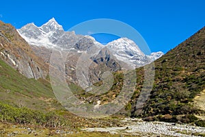 Picturesque mountain valley at Everest base camp trekking EBC in Nepal