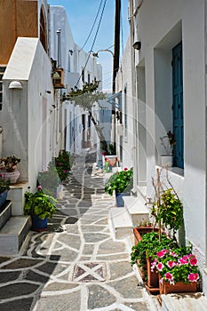 Picturesque Naousa town street on Paros island, Greece