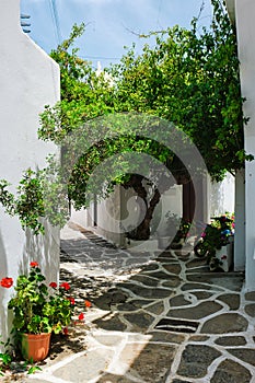 Picturesque Naousa town street on Paros island, Greece