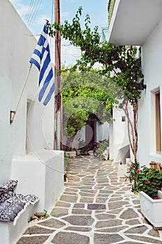 Picturesque Naousa town street on Paros island, Greece