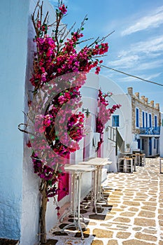 Picturesque Naousa town street on Paros island, Greece