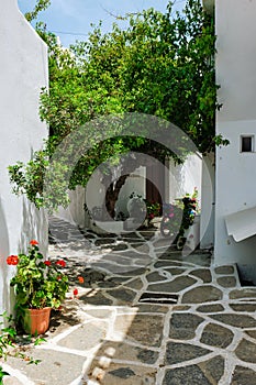 Picturesque Naousa town street on Paros island, Greece